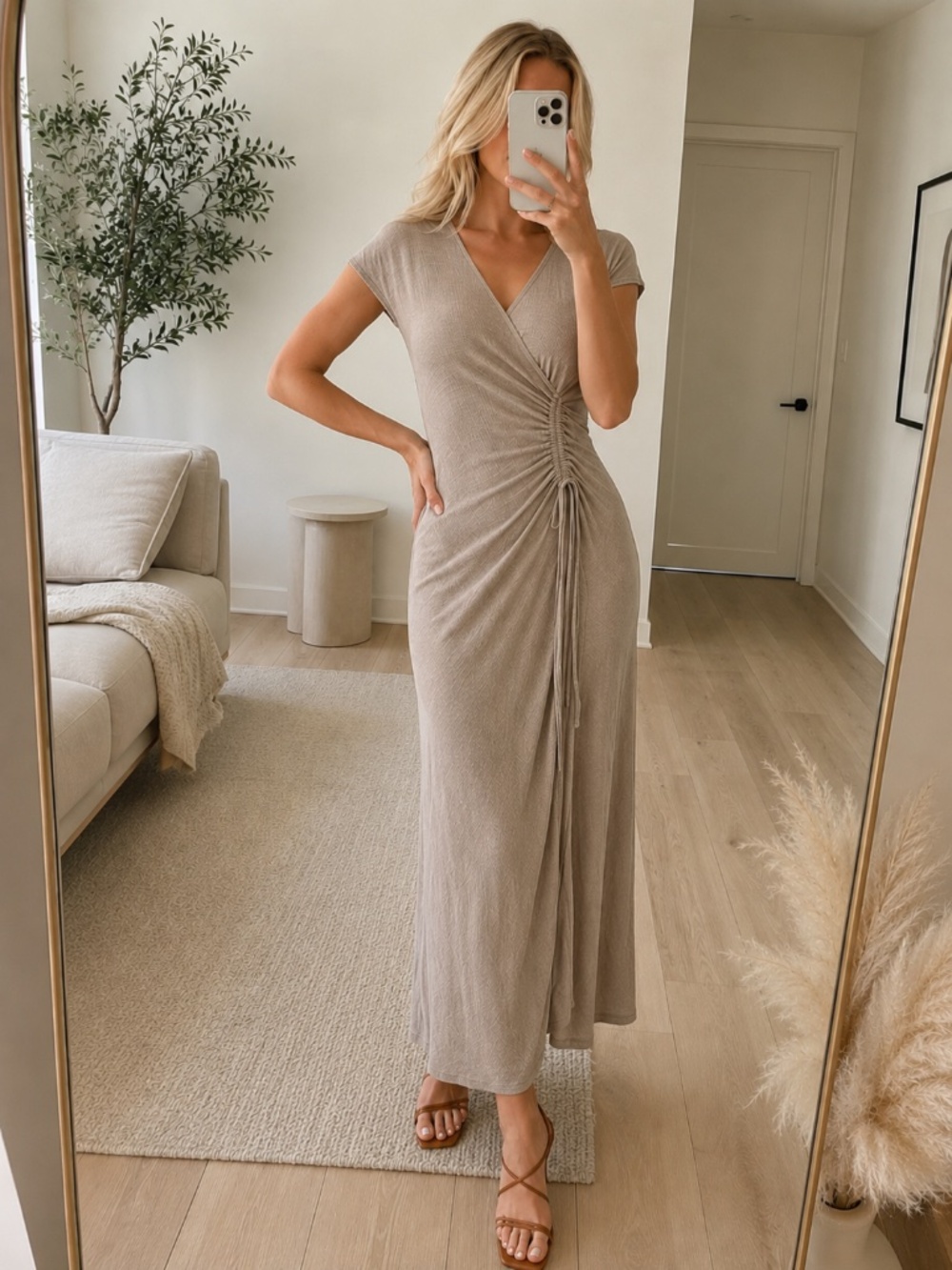Max Studio Taupe Ruched Wrap Maxi Dress Small